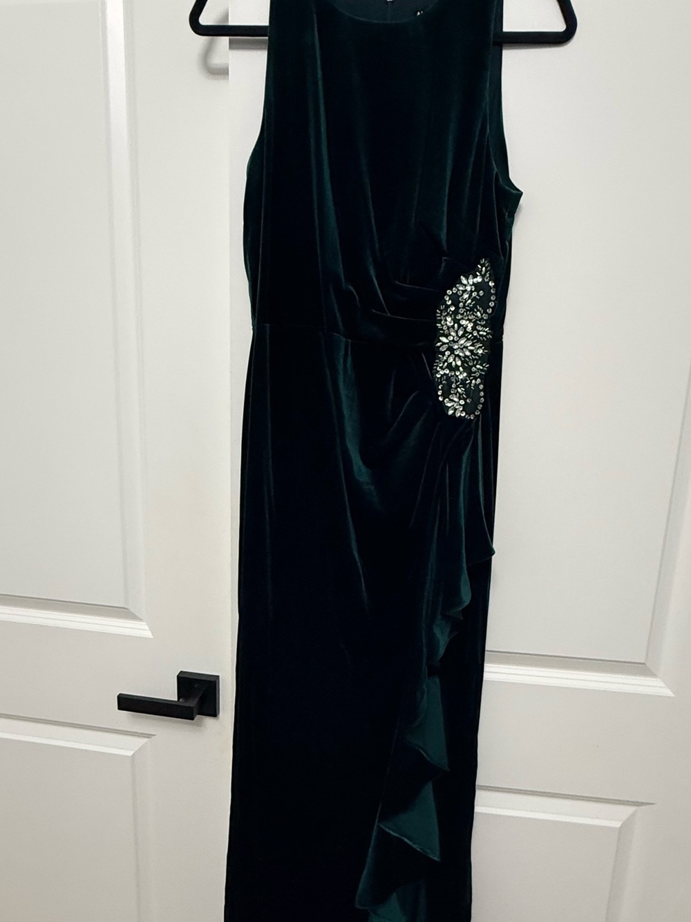 Sleeveless Velvet Maxi Dress with Side Crystal Detail - Dark Green